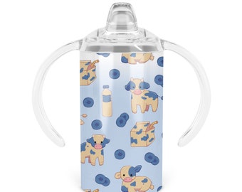 Blueberry Cow Sippy Cup - 12 Oz Double Walled Stainless Steel Tumbler Includes Your Choice of Sippy Handle Lid, Tumbler Lid or Both