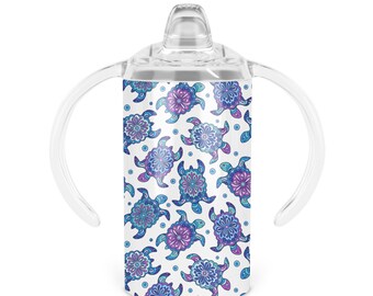 Mandala Turtles Sippy Cup - Twelve Oz Double Walled Stainless Steel Tumbler Includes Sippy Handle Lid