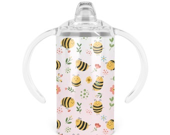 Bees And Flowers Sippy Cup - Twelve Oz Double Walled Stainless Steel Tumbler Includes Sippy Handle Lid and Screw-on Tumbler Lid