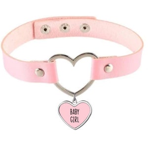 Pink Heart Collar - Vegan Leather Choker With Your Choice Charm Color And Your Word Or Phrase