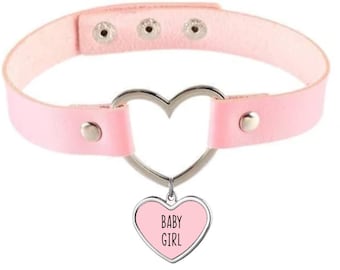 Pink Heart Collar - Vegan Leather Choker With Your Choice Charm Color And Your Word Or Phrase