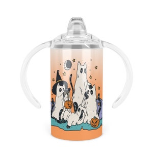 Halloween Kitties Sippy Cup - Twelve Oz Double Walled Stainless Steel Tumbler Includes Sippy Handle Lid and Screw-on Tumbler Lid