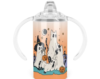 Halloween Kitties Sippy Cup - Twelve Oz Double Walled Stainless Steel Tumbler Includes Sippy Handle Lid and Screw-on Tumbler Lid
