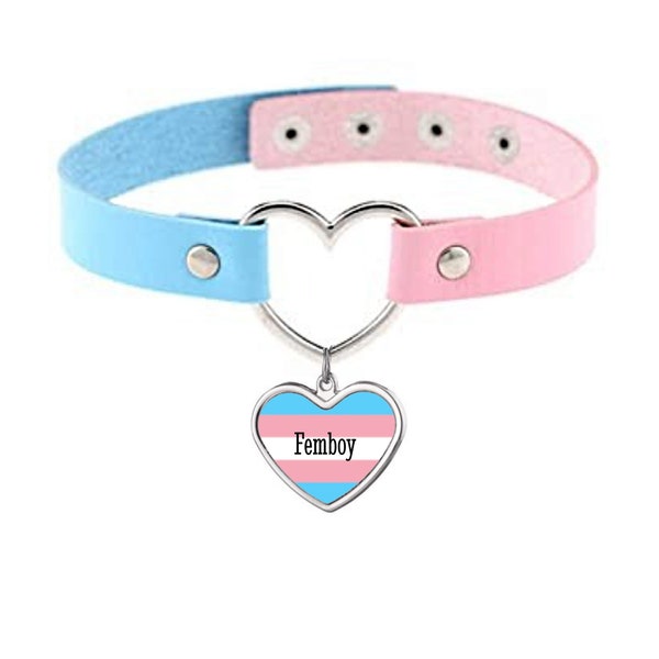 Pink And Blue Heart Collar - Vegan Leather Choker With Your Choice Charm Color And Your Word Or Phrase