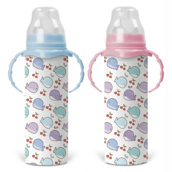 Personalized Whales And Cherries Adult Baby Bottle - Includes Removable Sippy Handles