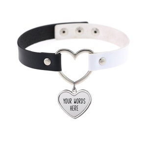 White And Black Heart Collar - Vegan Leather Choker With Your Choice Charm Color And Your Word Or Phrase