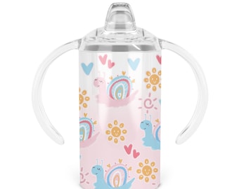 Happy Snails Sippy Cup - Twelve Oz Double Walled Stainless Steel Tumbler Includes Sippy Handle Lid and Tumbler Lid