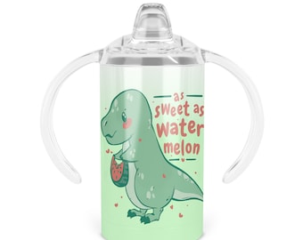 Sweet Dino Sippy Cup - Twelve Oz Double Walled Stainless Steel Tumbler Includes Sippy Handle Lid and Screw-on Tumbler Lid