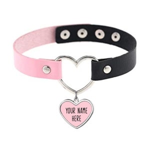 Black And Pink Heart Collar - Vegan Leather Choker With Your Choice Charm Color And Your Word Or Phrase