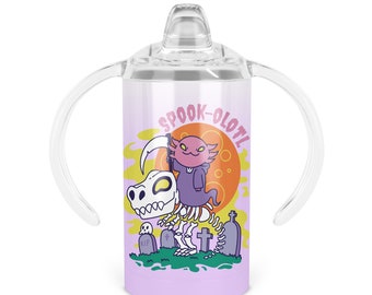 Spook-olotl Sippy Cup - Twelve Oz Double Walled Stainless Steel Tumbler Includes Sippy Handle Lid and Screw-on Tumbler Lid