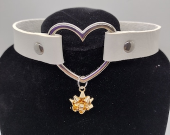 Heart Collar with Bow Charm - Vegan Leather Choker With Bow Charm in your Choice of Colors