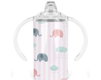 Personalized Elephant Clouds Sippy Cup - Cute Metal Tumbler Featuring Your Favorite Pachyderms On Pink And White Kawaii Stripes