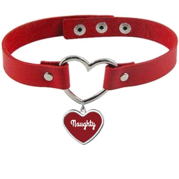 Red Heart Collar - Vegan Leather Choker With Your Choice Charm Color And Your Word Or Phrase