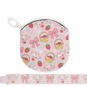 Strawberry Cow Paci Pouch And Clip - Plain Adult Size Pacifier and Accessories for Binky, Dummy, Nookie Cosplay, Age Regression, Role Play