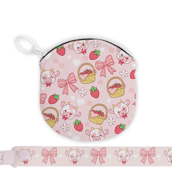 Strawberry Cow Paci Pouch And Clip - Plain Adult Size Pacifier and Accessories for Binky, Dummy, Nookie Cosplay, Age Regression, Role Play