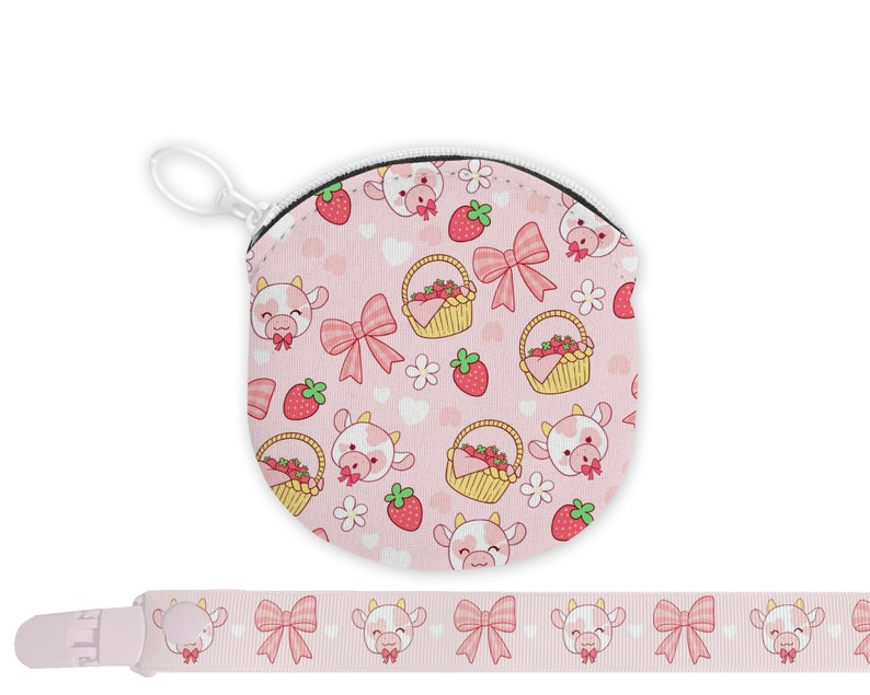 Strawberry Cow Paci Pouch And Clip Plain Adult Size Pacifier and Accessories for Binky, Dummy, Nookie Cosplay, Age Regression, Role Play Pouch & Clip