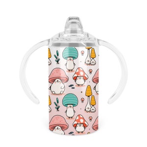 Happy Mushrooms Sippy Cup - Twelve Oz Double Walled Stainless Steel Tumbler Includes Sippy Handle Lid And Tumbler Lid