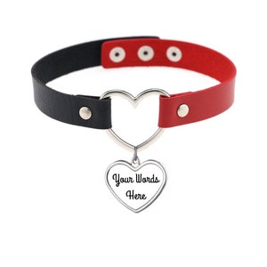 Red And Black Heart Collar - Vegan Leather Choker With Your Choice Charm Color And Your Word Or Phrase