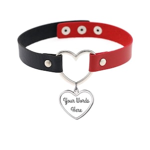 Red And Black Heart Collar - Vegan Leather Choker With Your Choice Charm Color And Your Word Or Phrase