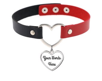 Red And Black Heart Collar - Vegan Leather Choker With Your Choice Charm Color And Your Word Or Phrase