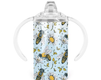 Bees And Daisies Sippy Cup - Twelve Oz Double Walled Stainless Steel Tumbler Includes Sippy Handle Lid and Screw-on Tumbler Lid