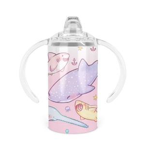 Personalized Pastel Sharks Sippy Cup - 12 Oz Double Walled Stainless Steel Tumbler Includes Sippy Handle Lid And Screw-on Tumbler Lid