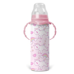 Personalized Pastel Unicorns And Rainbows Bottle - Includes Removable Sippy Handles