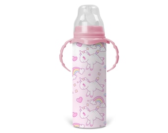 Personalized Pastel Unicorns And Rainbows Bottle - Includes Removable Sippy Handles