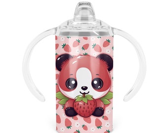 Personalized Strawberry Panda Sippy Cup - Twelve Oz Double Walled Stainless Steel Tumbler Includes Your Choice of Lids