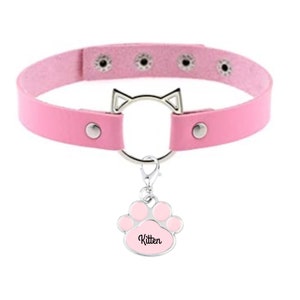 Pink Cat Shape Collar With Cat Paw Charm - Vegan Leather Choker With Your Choice Charm Color And Your Word Or Phrase