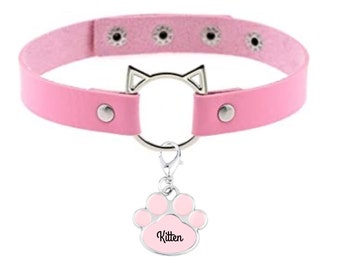 Pink Cat Shape Collar With Cat Paw Charm - Vegan Leather Choker With Your Choice Charm Color And Your Word Or Phrase