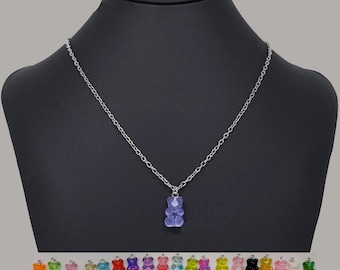 Colorful Bear Charm Necklace - You Choose from 19 Charm Colors and Stainless Steel Chain Length from 18 inches to 24 inches - Perfect Gift