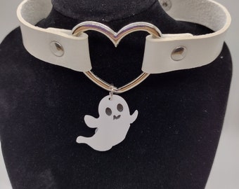 Heart Collar with Ghost Charm - White Vegan Leather Choker With Ghost Charm