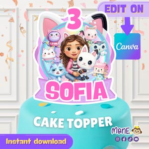 Puede incluir: Un adorno para tarta con una niña de dibujos animados rodeada de personajes de gatos, el número 3 y el nombre "Sofia". El adorno está sobre una tarta azul con las palabras "CAKE TOPPER" e "Instant download". El diseño es rosa, morado y azul.