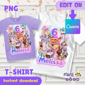 May include: Two children's t-shirts, one lavender and one white, featuring a colorful graphic of cartoon characters, the number 6, and the name "Melissa". The shirts have the text "T-SHIRT" and "Instant download". The design is available to edit on Canva.