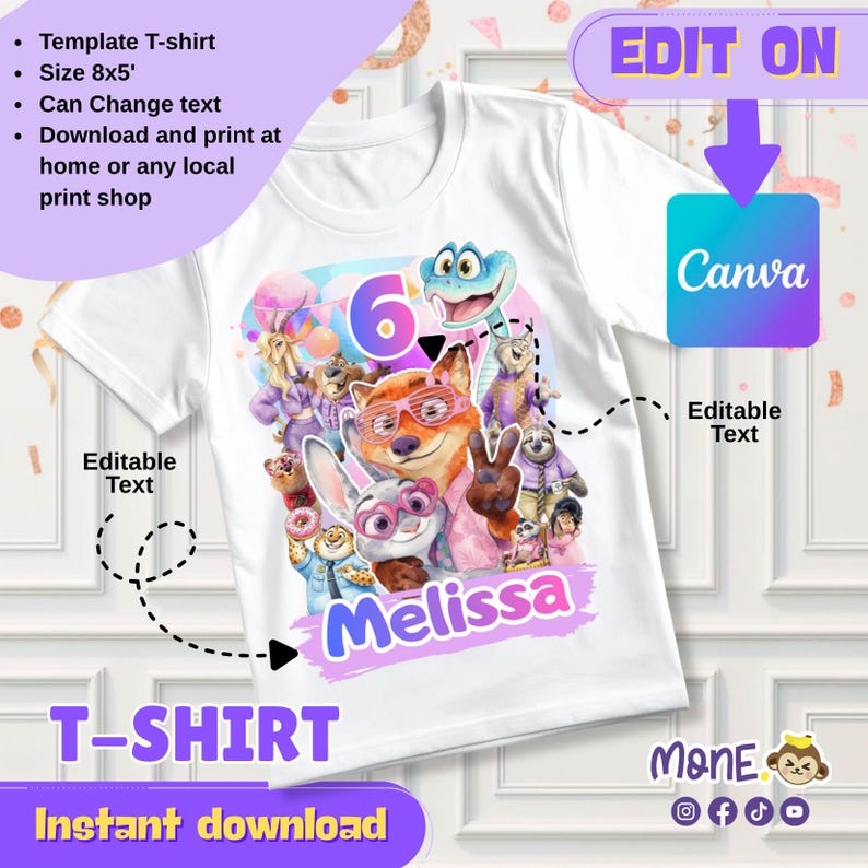 May include: White t-shirt featuring a colorful cartoon graphic with the number 6 and the name "Melissa". The design includes various animated characters. The shirt has the text "T-SHIRT" and "Instant download".