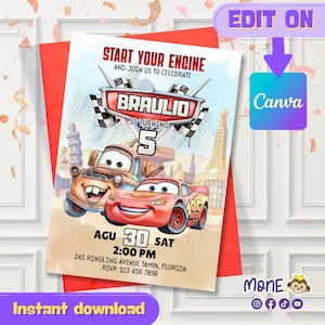 Puede incluir: Una invitación de cumpleaños con los personajes de Cars, Rayo McQueen y Mate. La invitación incluye el texto "Start Your Engine" y "Braulio cumple 5". También se incluye la fecha y la hora. La invitación está sobre un fondo blanco con un sobre rojo.