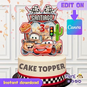 May include: A cake topper featuring the Cars characters Lightning McQueen and Mater, with the name "Santiago" and the number "3". The topper includes a checkered flag design and a cactus. The cake is decorated with a red and black checkered border and the words "CAKE TOPPER".