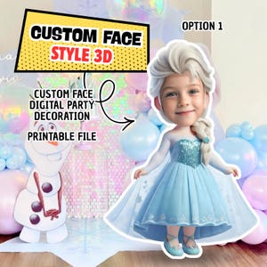 Puede incluir: Decoración digital para fiestas con una imagen de dibujos animados de un niño disfrazado de princesa, con el texto "CUSTOM FACE STYLE 3D" y "PRINTABLE FILE". La imagen está ambientada sobre un fondo de globos y decoraciones de fiesta.