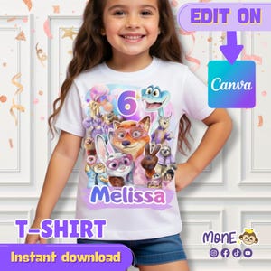 May include: White t-shirt featuring a colorful graphic of characters from a popular animated movie, the number 6, and the name "Melissa". The shirt also has the text "T-SHIRT" and "Instant download".