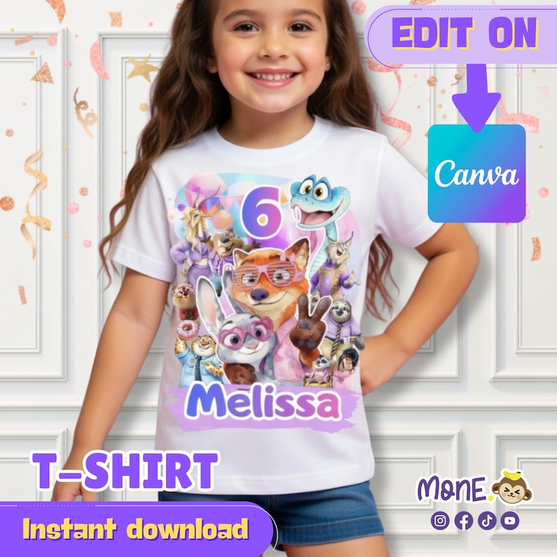 May include: White t-shirt featuring a colorful graphic of characters from a popular animated movie, the number 6, and the name "Melissa". The shirt also has the text "T-SHIRT" and "Instant download".