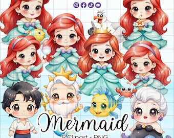 princess baby mermaid, princess ariel, princess clipart, hand drawn, princess party decoration, baby princess, little mermaid Clipart, little