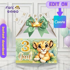 Puede incluir: Una caja de regalo de cumpleaños con un cachorro de león de dibujos animados, el número 3 y el nombre Gael. La caja tiene un lazo verde, una corona dorada y una pancarta que dice "Happy Birthday". Las palabras "Descarga instantánea" están en el lateral.