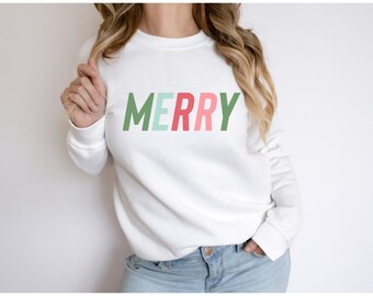 MERRY - Merry Christmas Sweatshirt, Christmas Sweatshirt, Cute Christmas Sweatshirt, Funny Christmas Shirts for Women, Crewneck Sweater