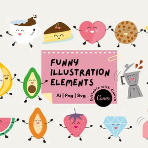 Set di Clipart Divertenti e Carine - Illustrazioni Kawaii di Cibo e Oggetti - PNG, SVG, AI - Grafica Digitale per Progetti Creativi