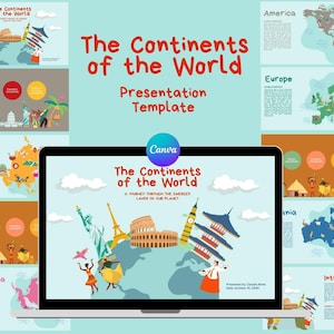 Colorato e Giocoso Template Canva Educativo | Presentazione Interattiva sui 5 Continenti Modello Canva | Lezione Scolastica di Geografia