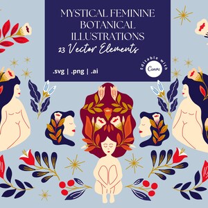 Set di Clipart Mistiche Femminili - Illustrazioni Botaniche e Spirituali - Clipart in PNG, SVG, AI - Grafica Floreale per Progetti Creativi