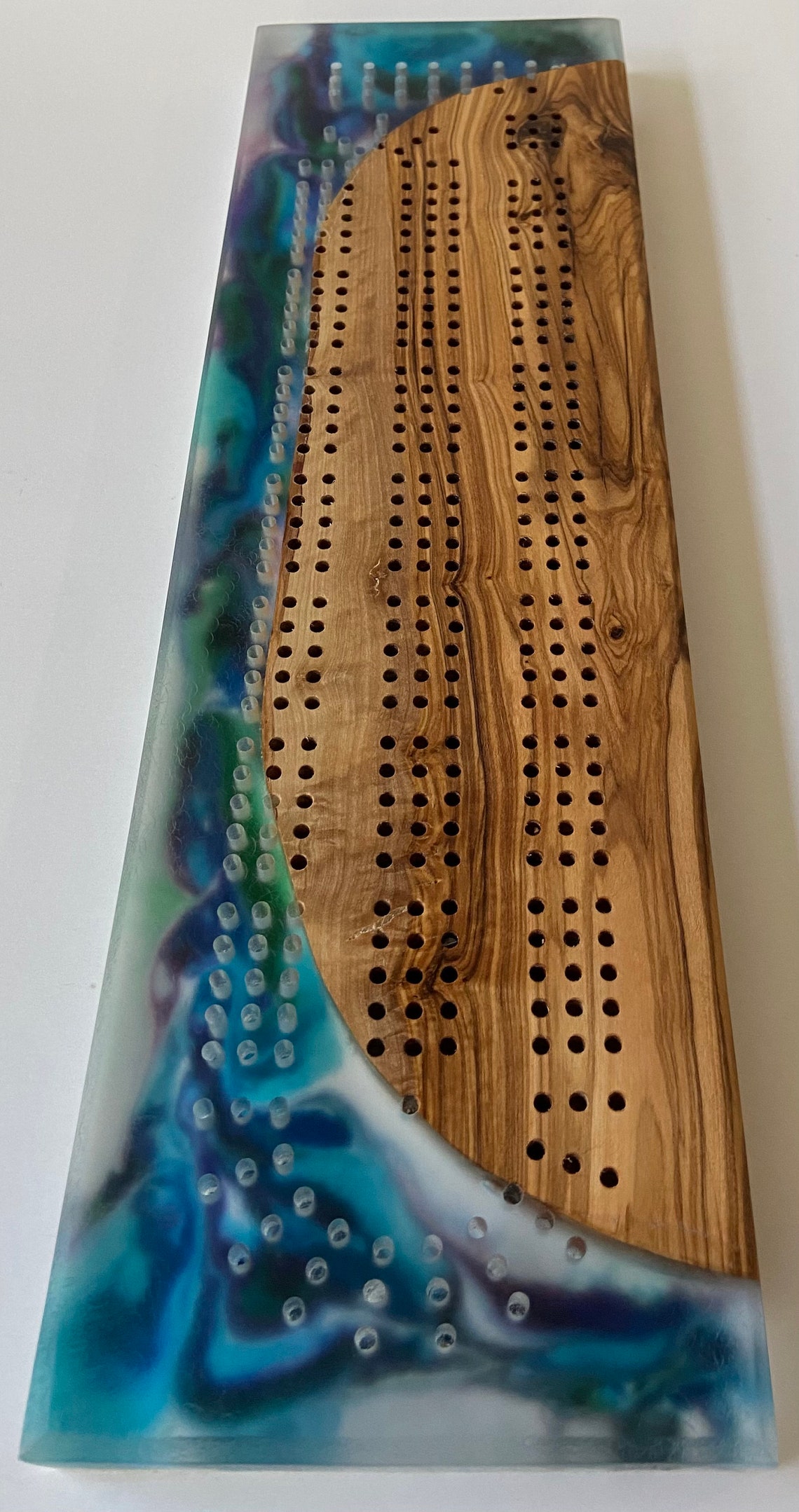 Olive Wood Cribbage Board With a Multicolored Epoxy Resin Etsy