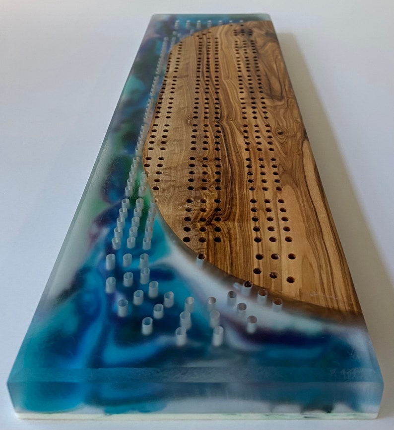 Olive Wood Cribbage Board With a Multicolored Epoxy Resin Etsy
