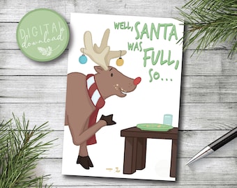 Biglietto di renna divertente // Biglietto di Natale digitale // Biglietto di auguri stampabile // Download istantaneo // Biglietti d'auguri illustrati